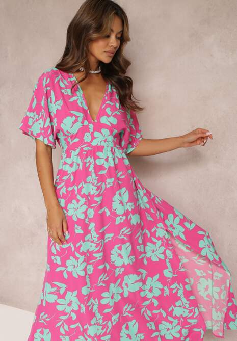 Różowo-Zielona Rozkloszowana Sukienka Maxi Nietoperz w Kwiaty Roseeve