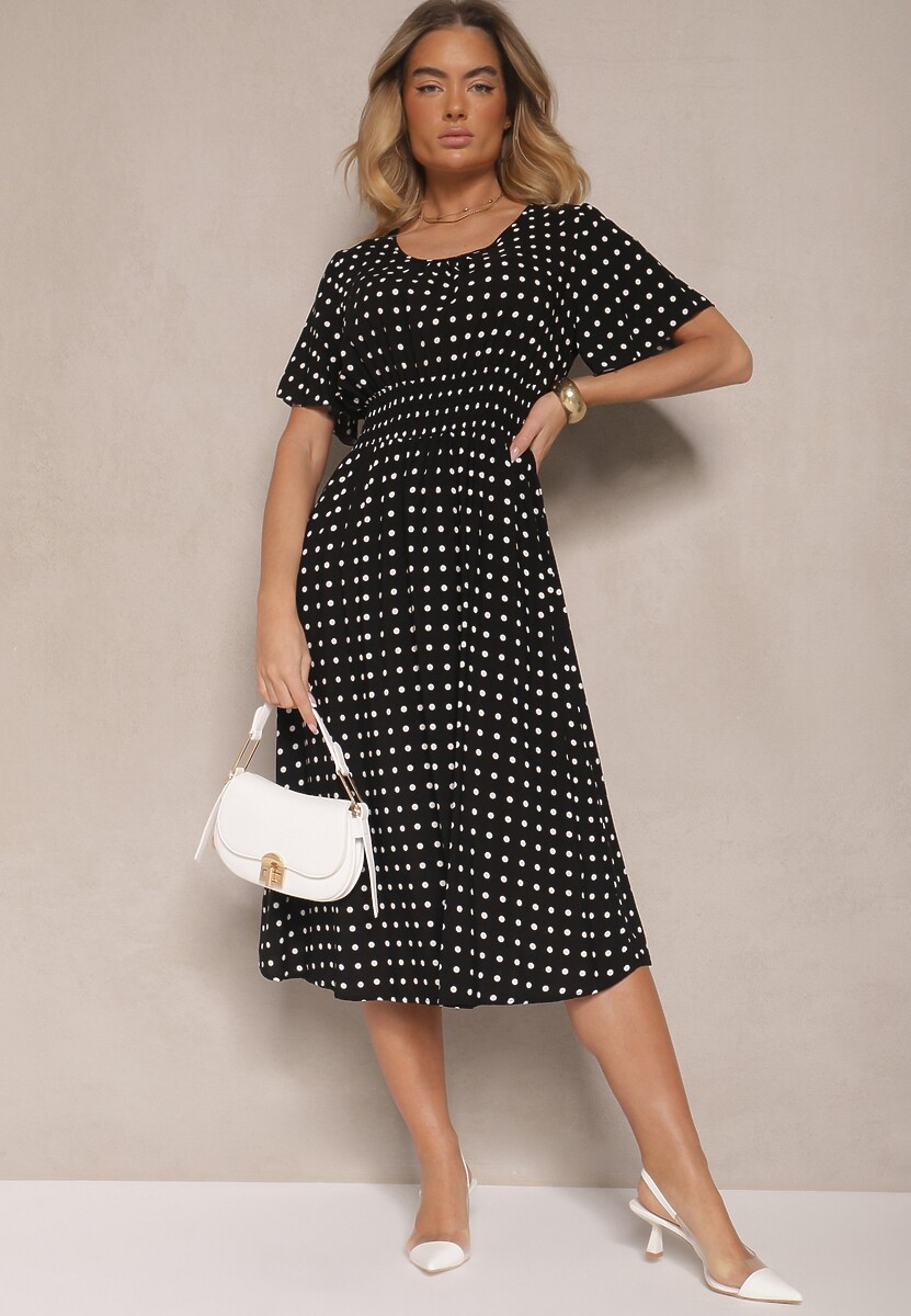 Czarna Bawełniana Sukienka o Rozkloszowanym Fasonie w Kropki Tolimirae