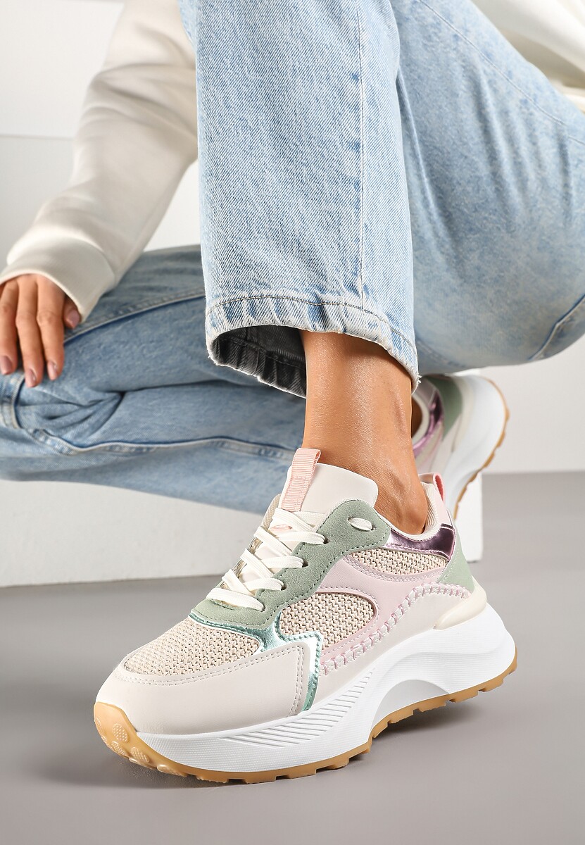 Beżowe Sneakersy na Platformie Ozdobione Metalicznym Zdobieniem i Wzorem w Panterkę Worsemi