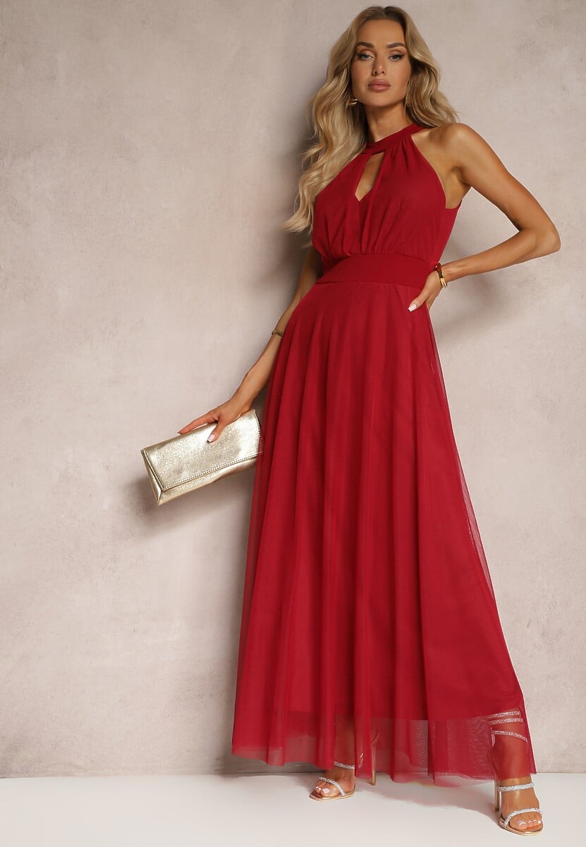 Czarna Sukienka Koktajlowa z Siateczką Wiązana Materiałowym Paskiem ze Stójką Nestassi