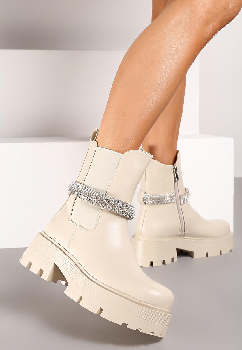 Czarne Botki Sztyblety na Platformie Ozdobione Paskiem z Cyrkonii Zinlera