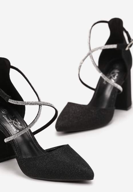 Czarne Czółenka z Brokatem na Słupku z Paskami w Cyrkonie Waleria