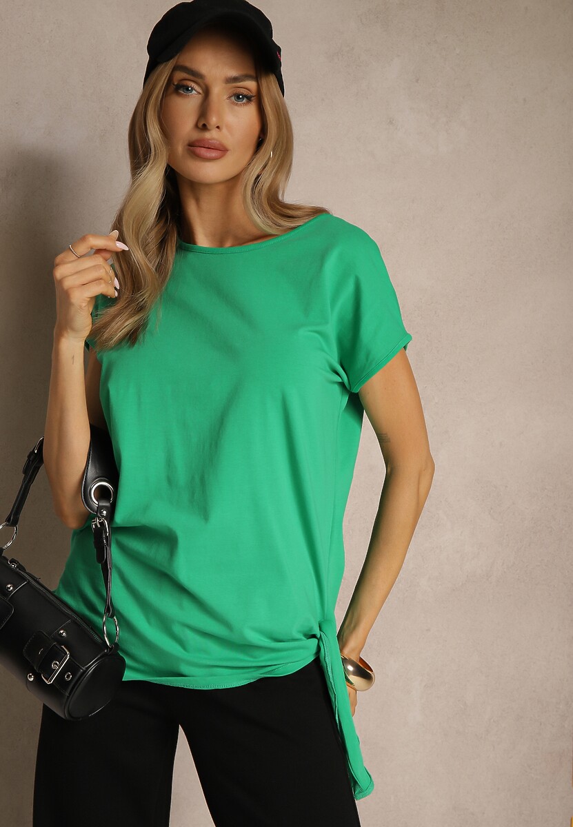 Zielony T-shirt z Bawełny z Ozdobnym Wiązaniem Termio