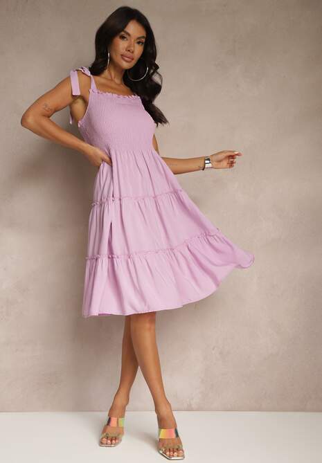 Fioletowa Sukienka z Wiskozą o Rozkloszowanym Kroju na Ramiączkach z Wiązaniem Aranive