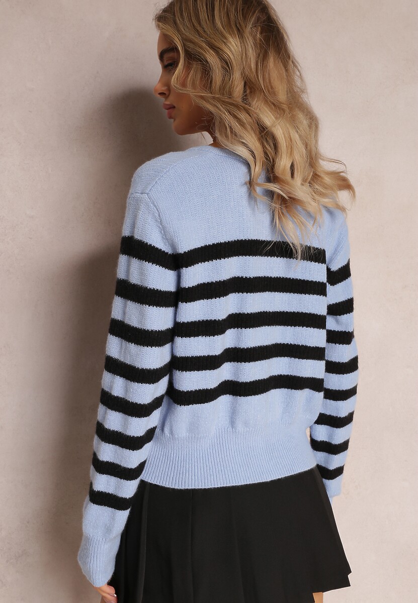 Niebieski Luźny Krótki Kardigan Zapinany na Guziki w Paski Abburra