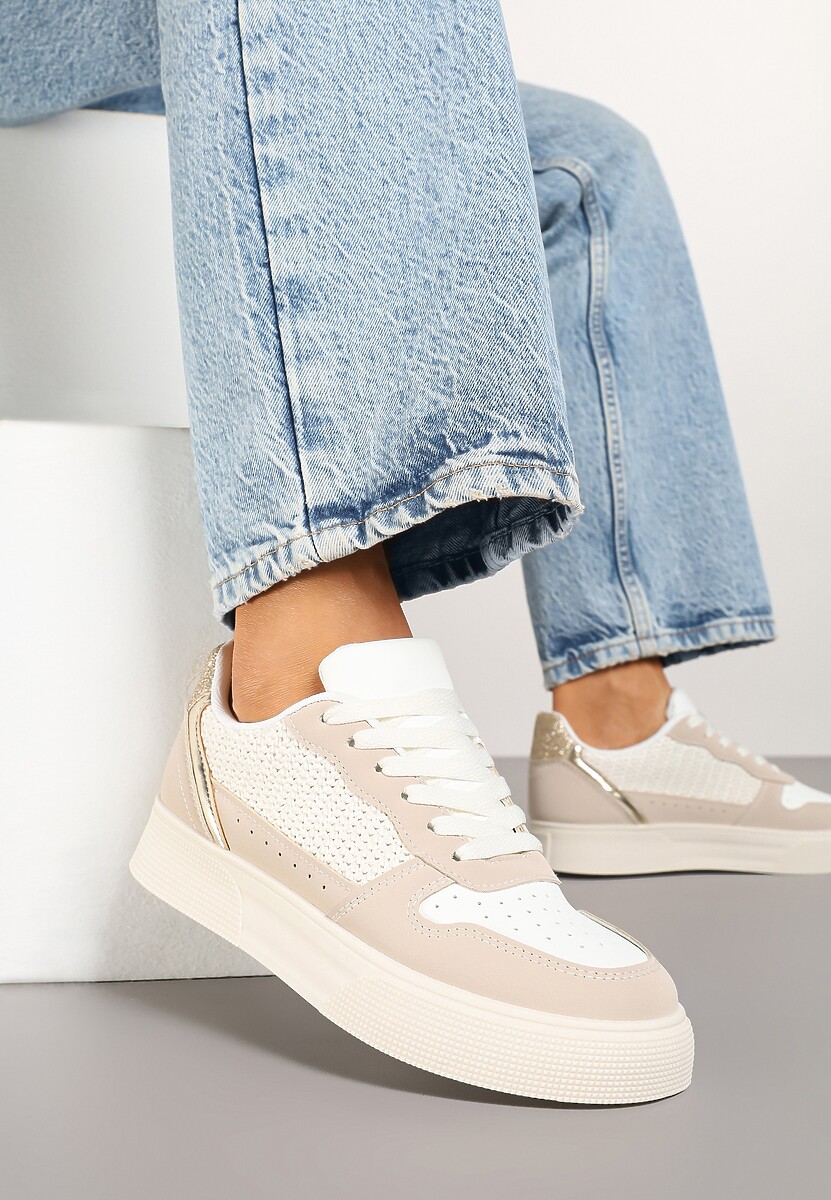 Beżowo-Białe Sneakersy na Platformie Ozdobione Plecionką Perforacją i Brokatem Tulreia