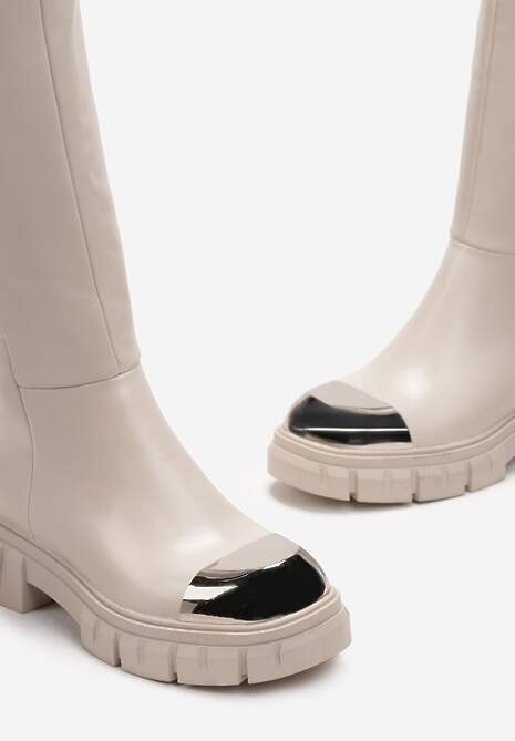 Beżowe Kozaki z Metalicznym Noskiem na Platformie Billiesa