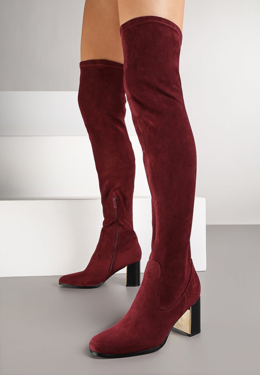 Bordowe Długie Kozaki za Kolano z Imitacji Zamszu na Metalicznym Obcasie Terephne