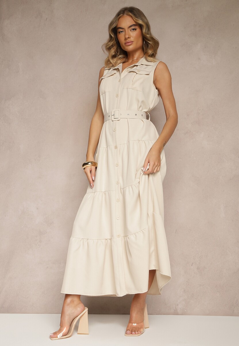 Beżowa Sukienka Koszulowa z Ozdobnymi Guzikami i Paskiem Maviosa