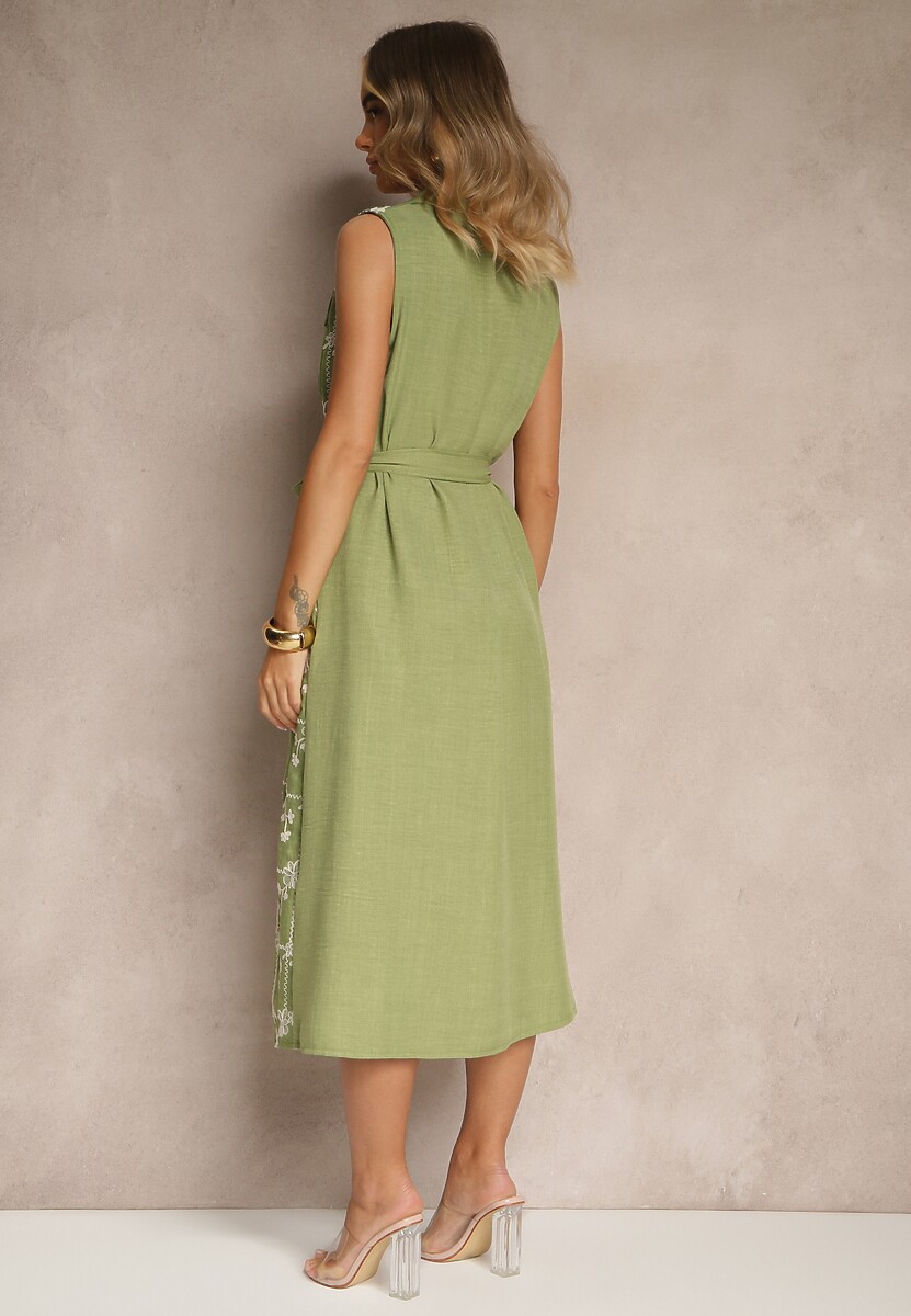 Zielona Sukienka Koszulowa z Wiązanym Paskiem i Haftowanym Zdobieniem Malenea