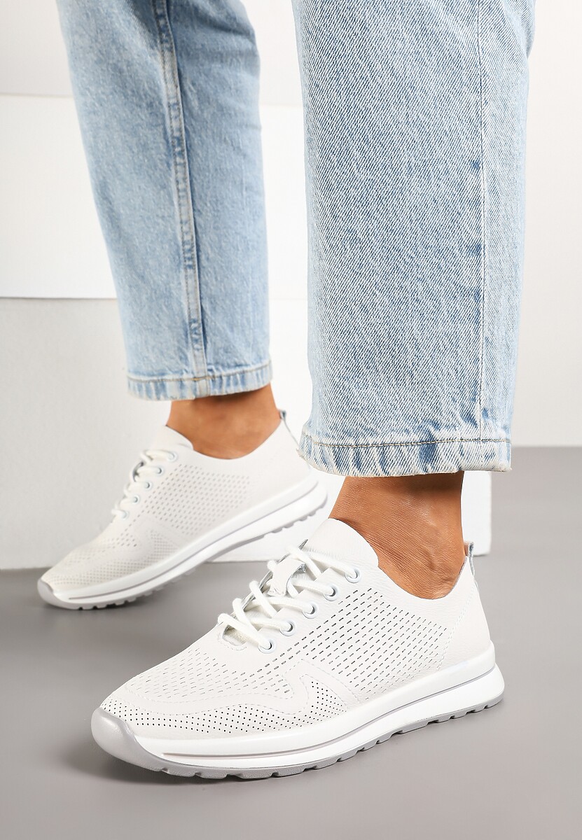 Szare Skórzane Buty Sportowe na Płaskiej Podeszwie ze Skórzaną Wkładką Ozdobione Perforacją Falali