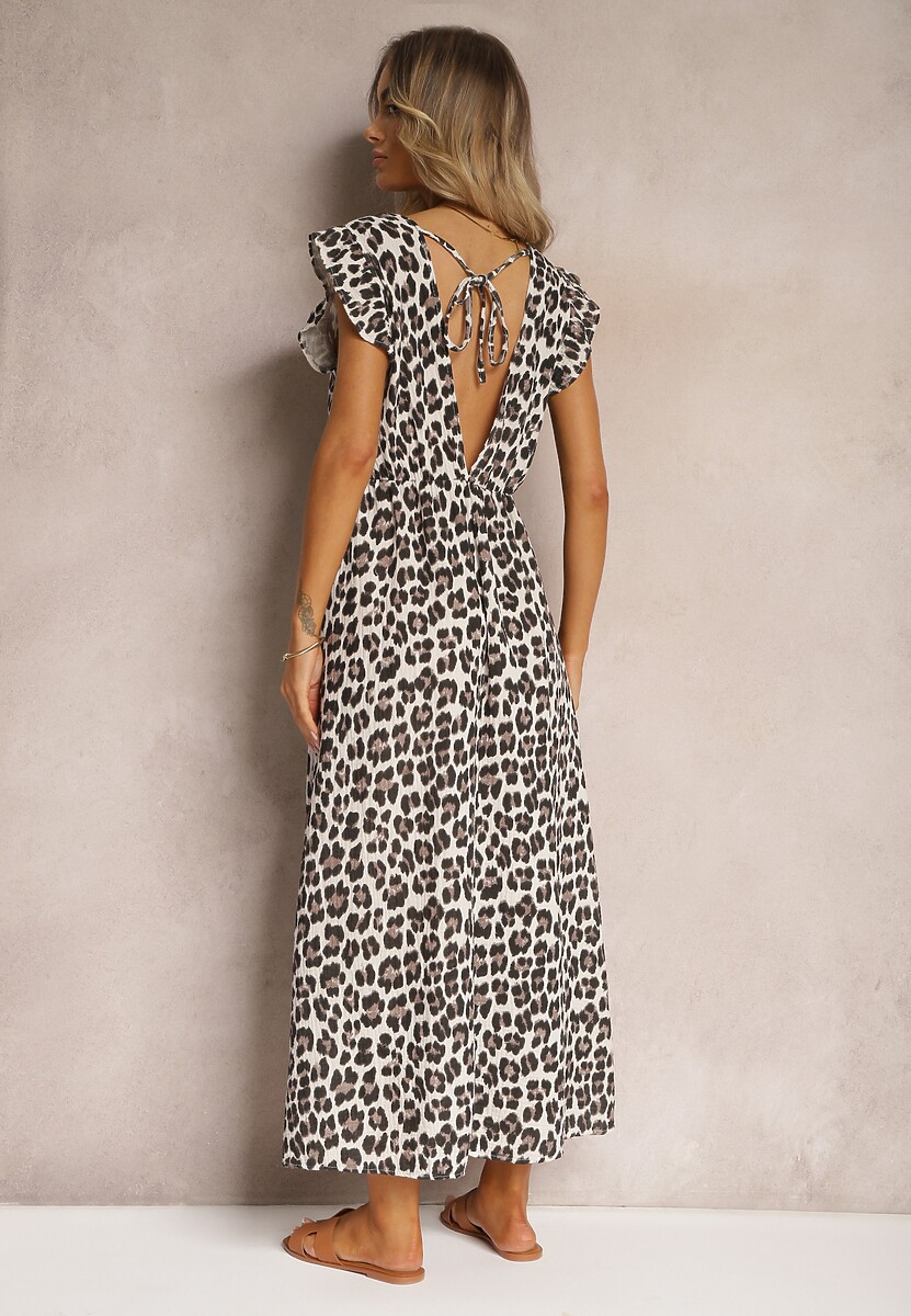 Brązowo-Beżowa Sukienka Boho z Bawełny Ozdobiona Wiązaniem Carivia