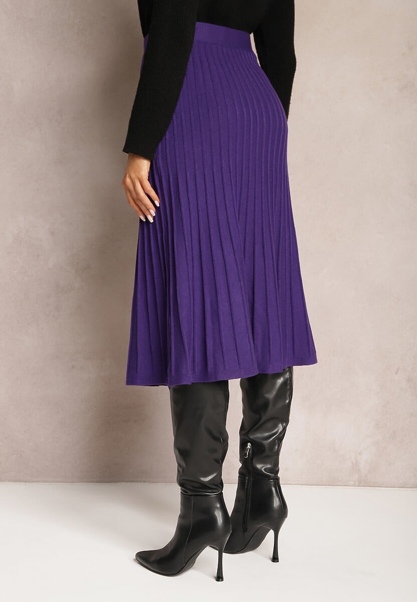 Fioletowa Rozkloszowana Spódnica Midi z Szerokimi Prążkami i Ozdobnymi Guzikami Sussurro