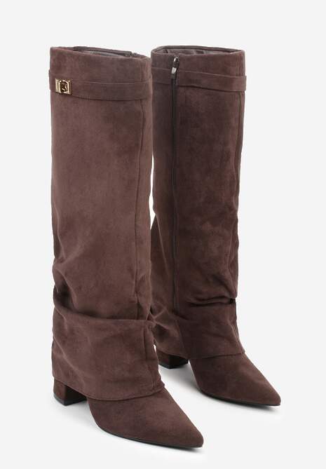 Brązowe Marszczone Kozaki na Słupkowym Obcasie z Wywiniętą Cholewką Runella