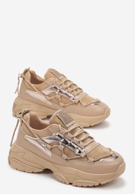 Ciemnobeżowe Sneakersy z Ozdobnym Sznureczkiem z Cyrkoniami Babeset