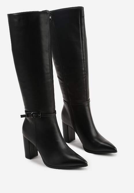 Czarne Kozaki na Słupkowym Obcasie z Noskiem w Szpic i Klamerką na Pasku Levitta