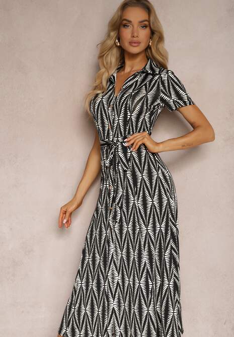 Czarna Koszulowa Sukienka z Materiałowym Paskiem i Guzikami z Geometrycznym Printem Usklea