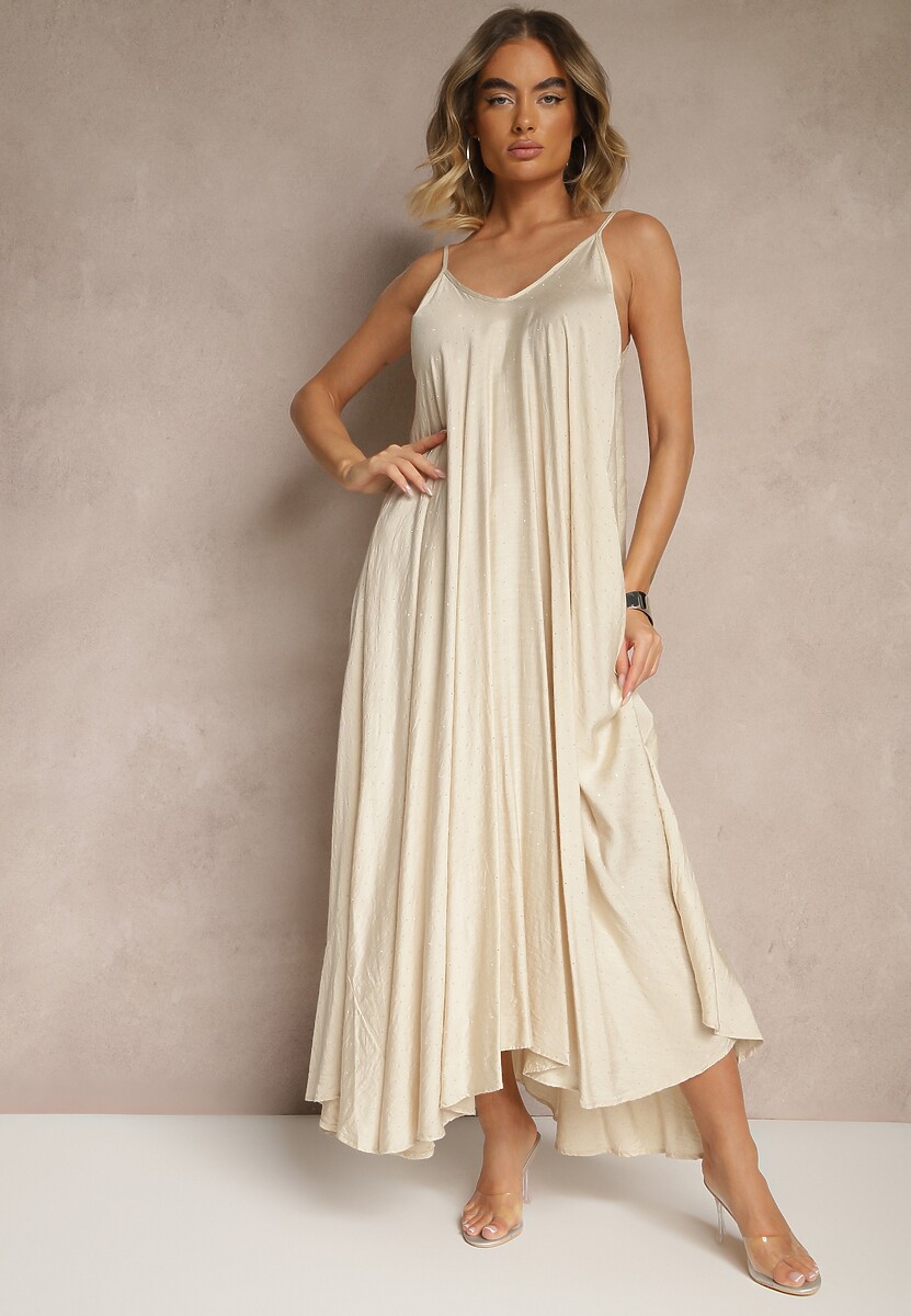 Beżowa Wiskozowa Sukienka o Rozkloszowanym Kroju Ozdobiona Cyrkoniami Tosnaria