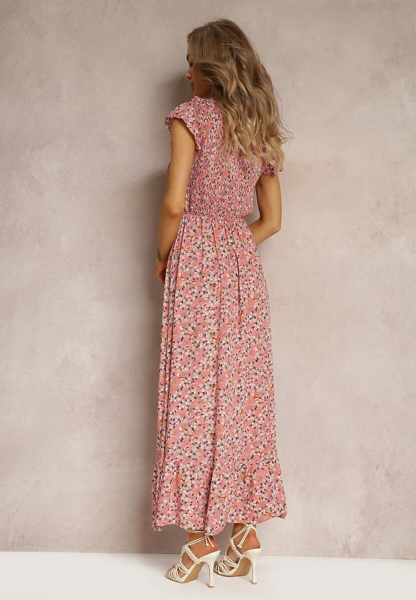 Różowa Rozkloszowana Sukienka z Wiskozy w Kwiaty Evanitte
