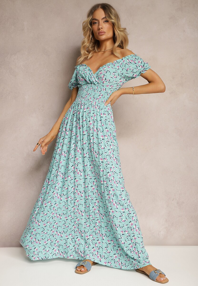 Niebieska Wiskozowa Sukienka w Kwiaty z Trójkątnym Dekoltem i Gumką w Talii Lasteri