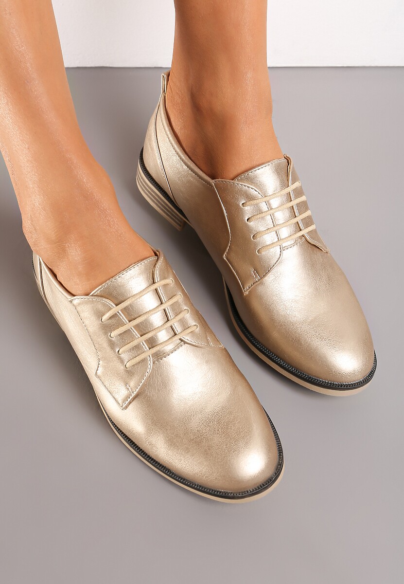 Złote Sznurowane Półbuty na Płaskim Obcasie Tarlimi