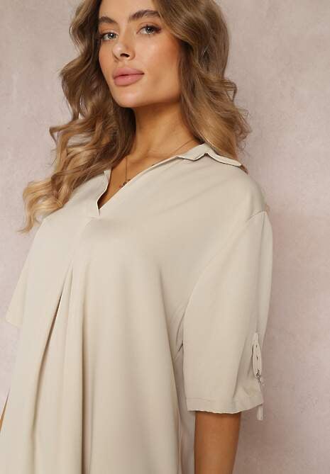 Jasnobeżowa Pudełkowa Sukienka Oversize z Kołnierzykiem Zaya