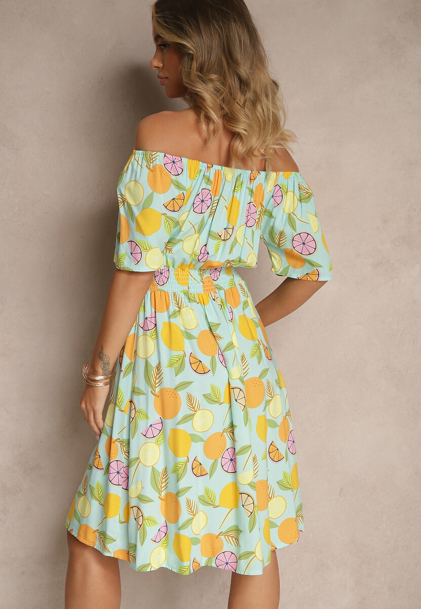 Jasnoniebieska Sukienka Typu Hiszpanka z Bawełną ze Wzorem Cytrusów Aprona