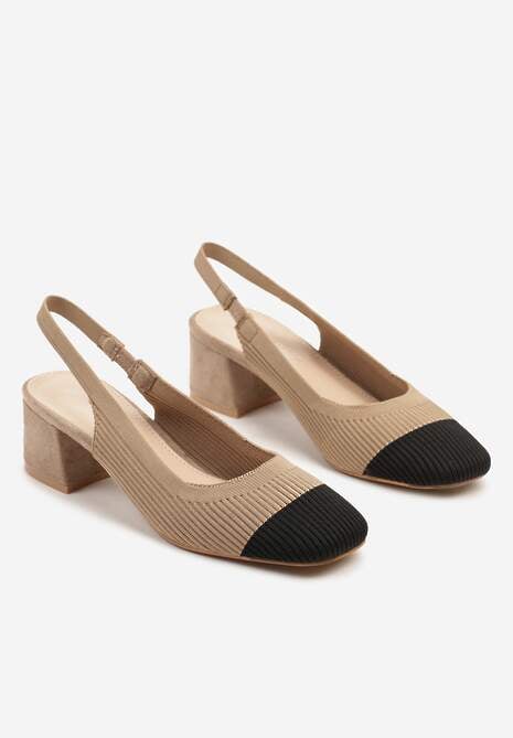 Ciemnobeżowe Sandały Czółenka z Kwadratowym Noskiem na Słupku Elanisia