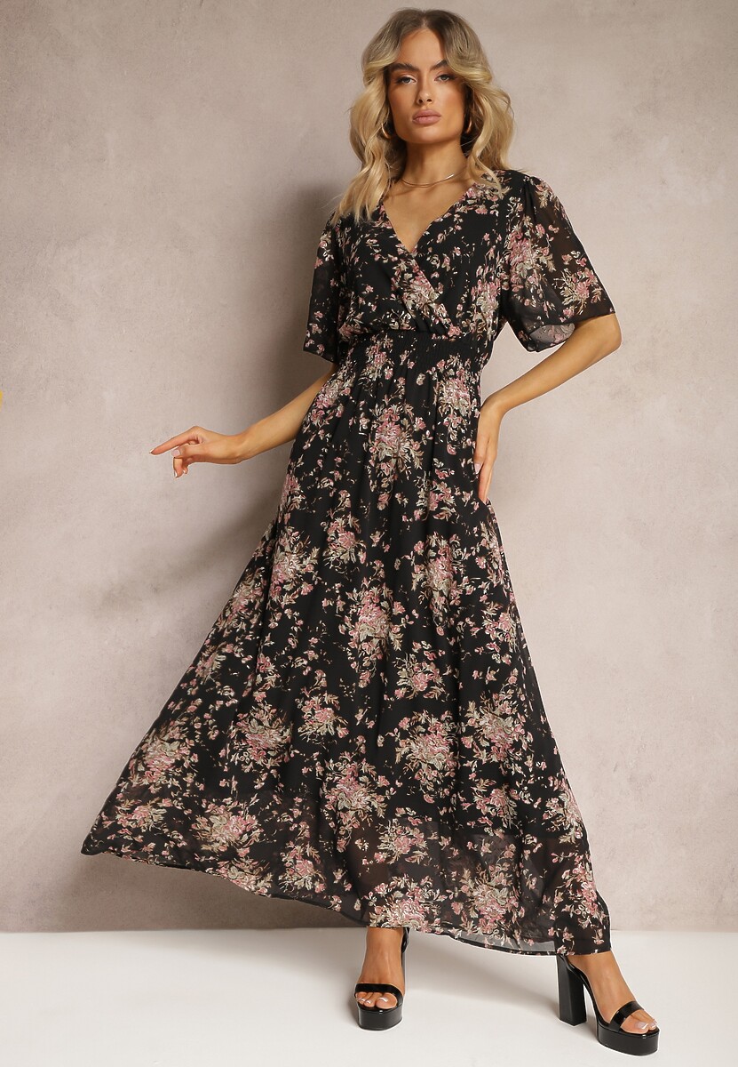 Beżowa Sukienka Kopertowa z Krótkim Rękawem Wiązana z Tyłu z Gumką w Talii Cristola