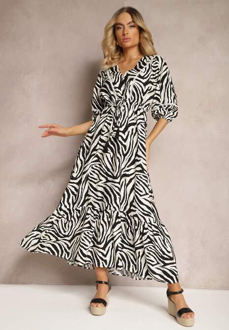 Czarno-Biała Sukienka z Wiskozy i Bawełny Ozdobiona Falbaną i Sznurkiem w Pasie Vantia