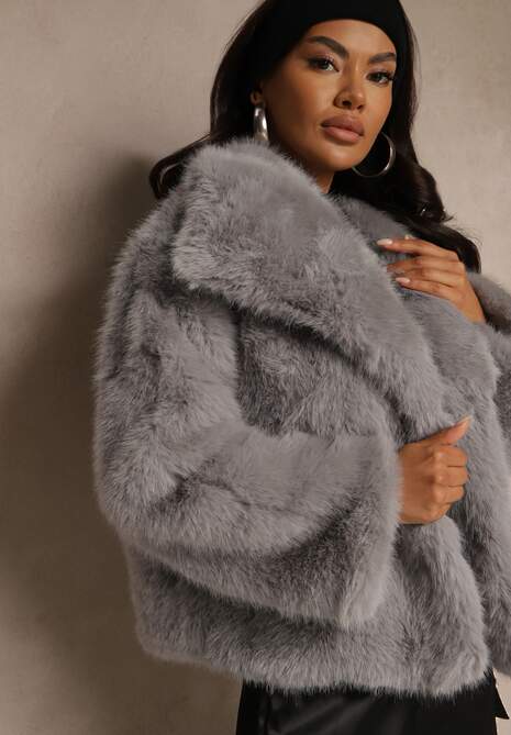 Szara Kurtka Futerko o Jednorzędowym Kroju z Szerokim Kołnierzem Dezile