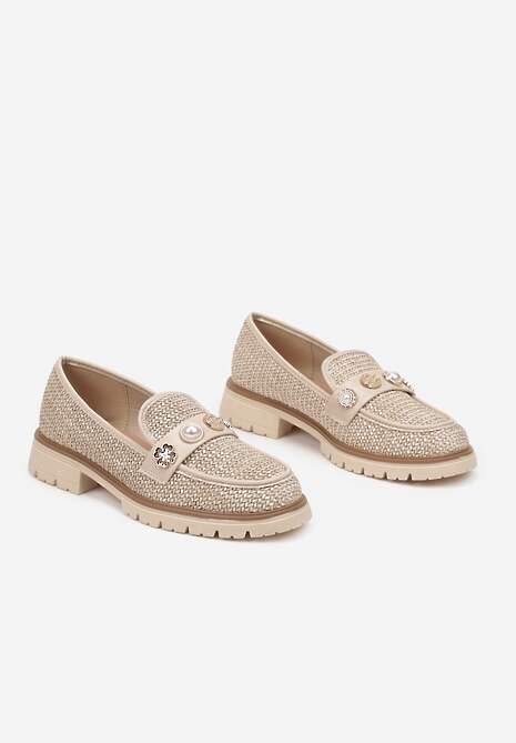 Beżowe Mokasyny z Perełkami i Ozdobami Eladeo
