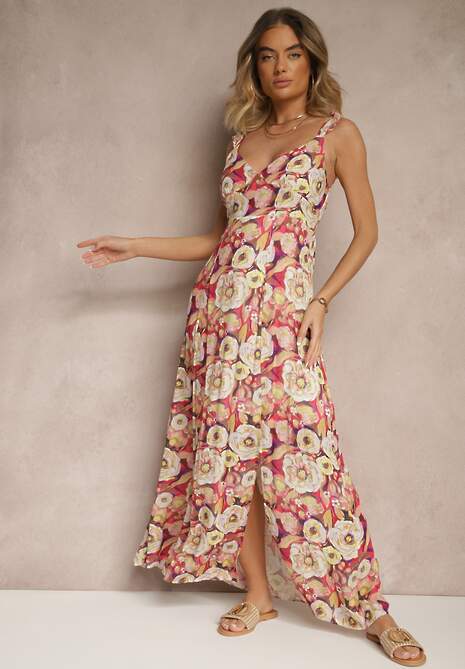 Czerwono-Beżowa Wiskozowa Sukienka o Rozkloszowanym Kroju w Kwiaty Redalie