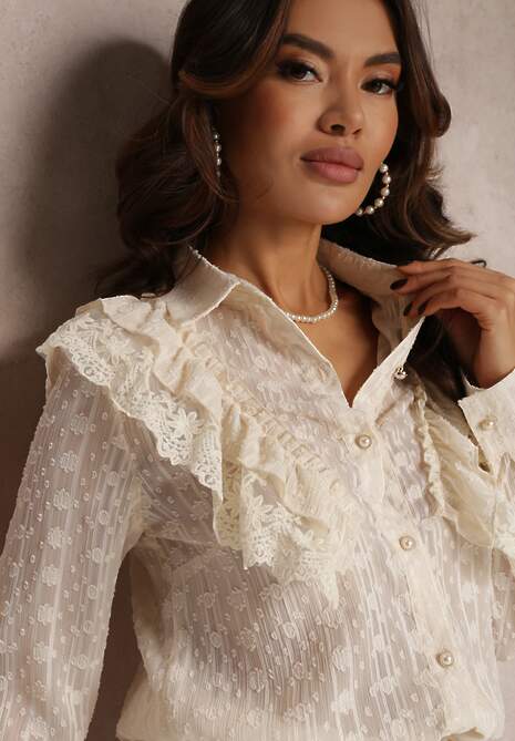 Beżowa Metaliczna Koszula na Guziki z Falbanką Ettawel