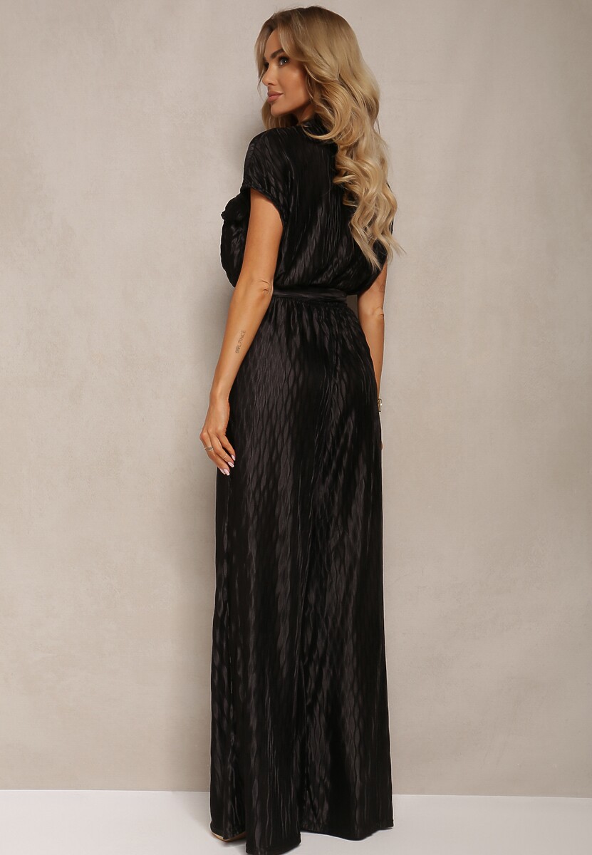 Czarny Kopertowy Kombinezon z Gumką w Talii ze Spodniami Palazzo i Materiałowym Paskiem Hesperi