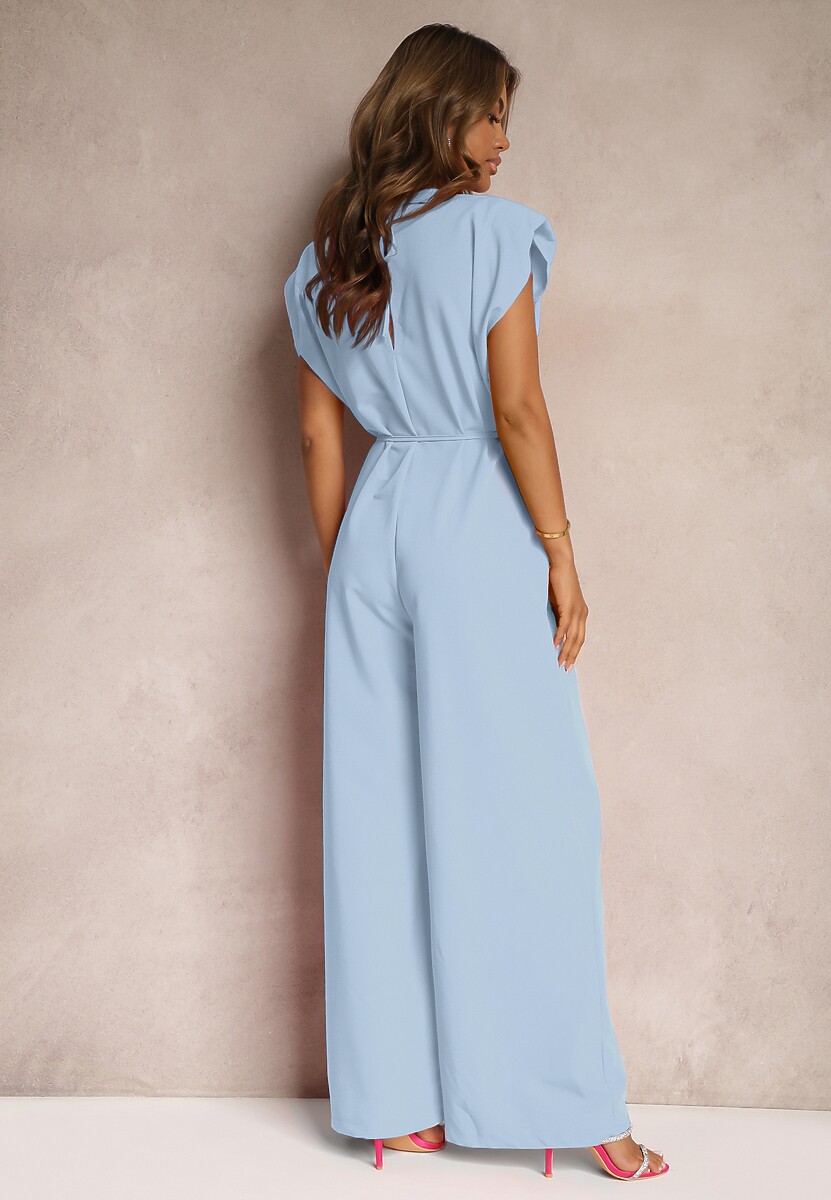 Niebieski Kombinezon Wykończony Prostymi Szerokimi Nogawkami z Wiskozą i Kwiatem 3D Dimentia