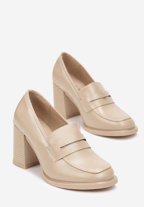 Beżowe Półbuty na Słupku z Kwadratowym Noskiem Teiga