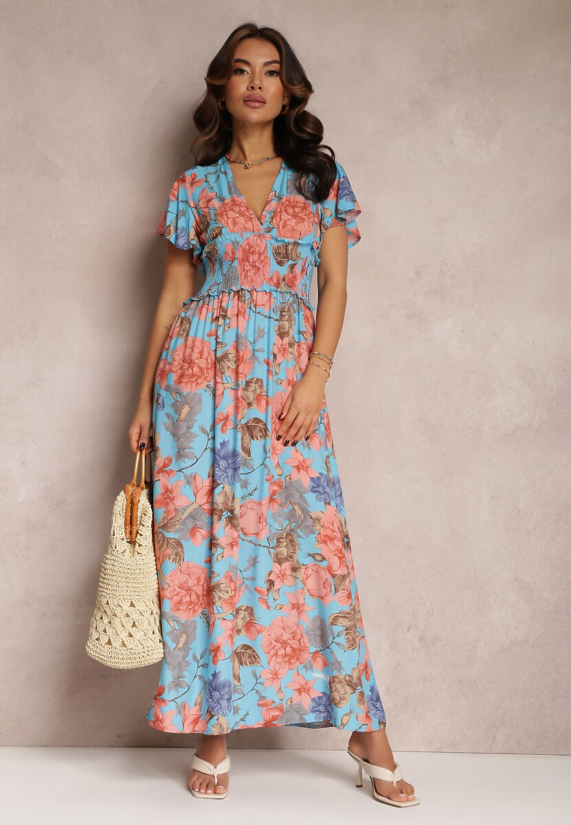 Niebieska Sukienka z Szeroką Gumką w Talii w Kwiaty Shathi