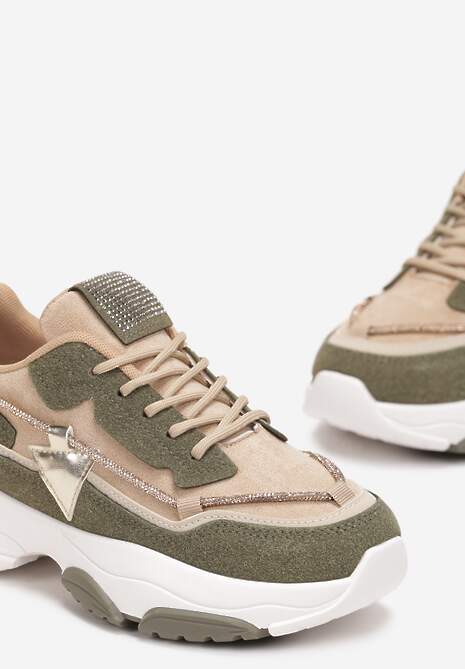 Beżowo-Zielone Sneakersy z Cyrkoniami na Grubej Podeszwie Leinov