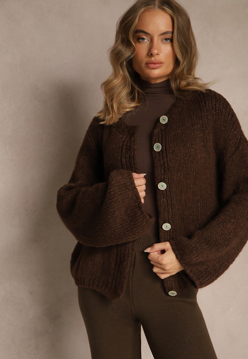 Jasnobrązowy Nietoperzowy Kardigan z Domieszką Wełny i Wiskozy Lianavia