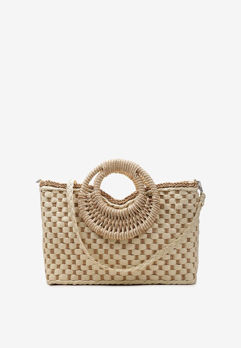 Jasnobeżowa Jednokomorowa Torebka na Ramię z Plecionki z Dodatkowym Paskiem Wezen