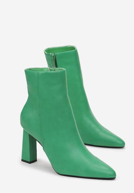 Zielone Botki na Geometrycznym Słupku z Imitacji Skóry Zapinane na Suwak Pena