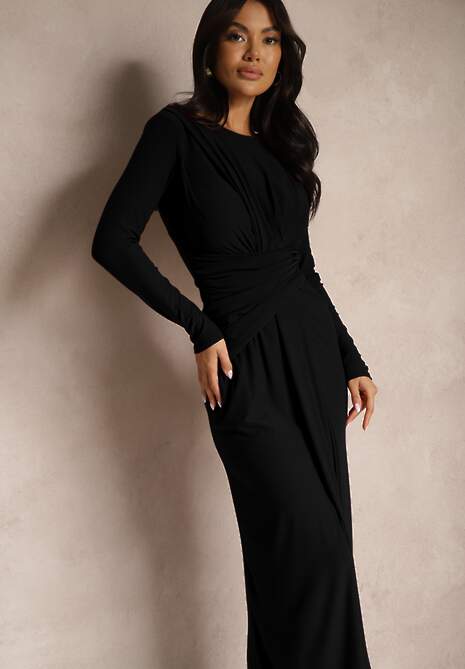 Czarna Marszczona Sukienka o Dopasowanym Kroju z Długim Rękawem i Trenem Sennariel