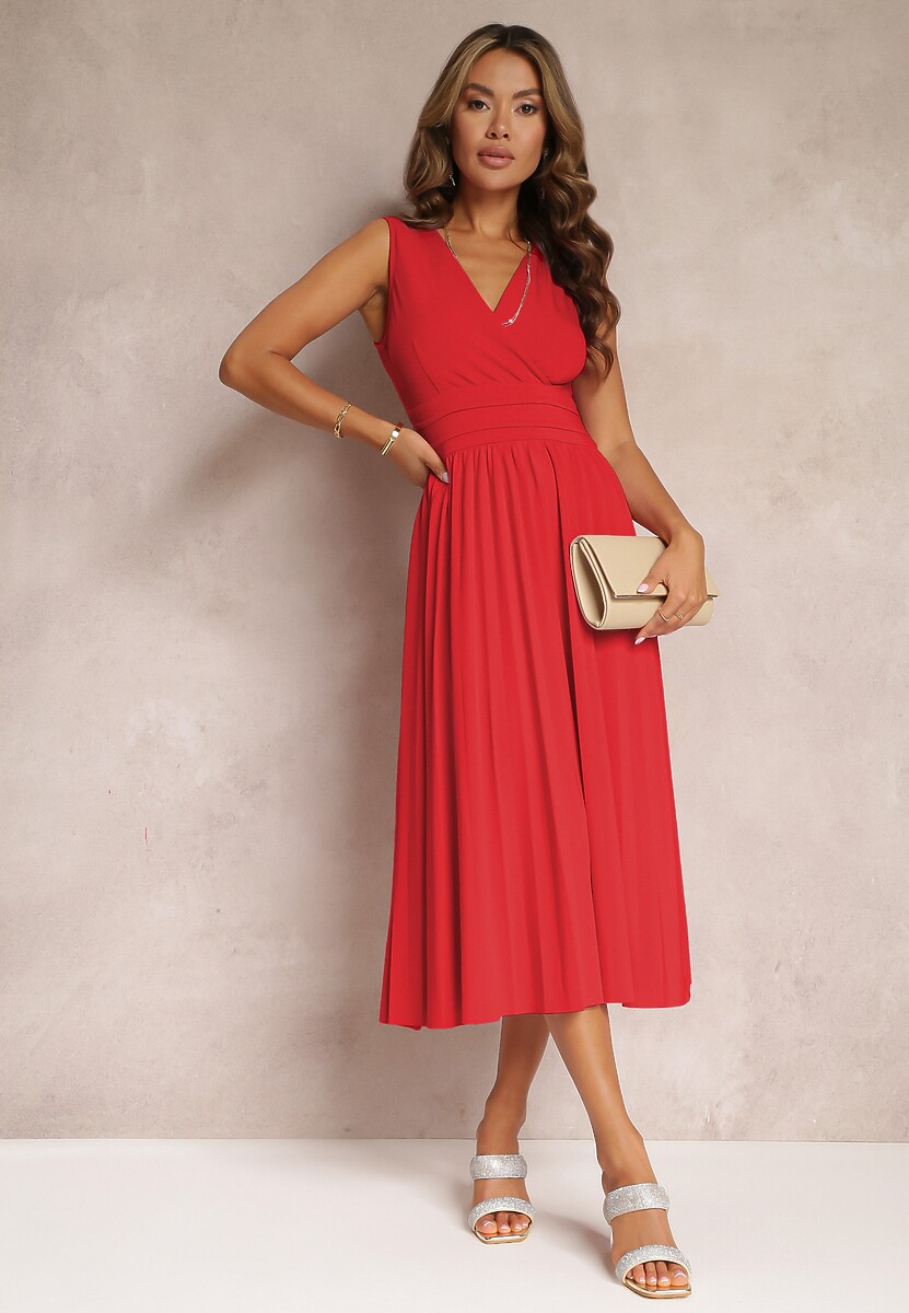 Różowa Sukienka z Kopertowym Dekoltem i Plisowanym Dołem Anamarie