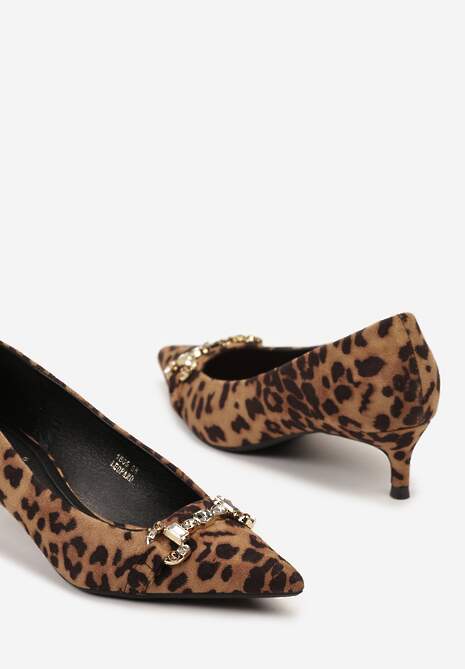 Brązowe Czółenka na Obcasie Kaczuszka Wykończone Metaliczną Aplikacją Melmora