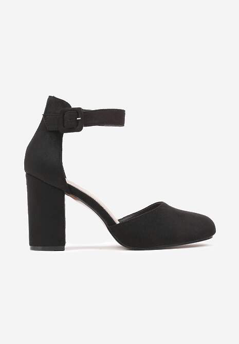 Czarne Czółenka na Obcasie Typu Słupek ze Skórzaną Wkładką i Paseczkiem Wokół Kostki Belandria