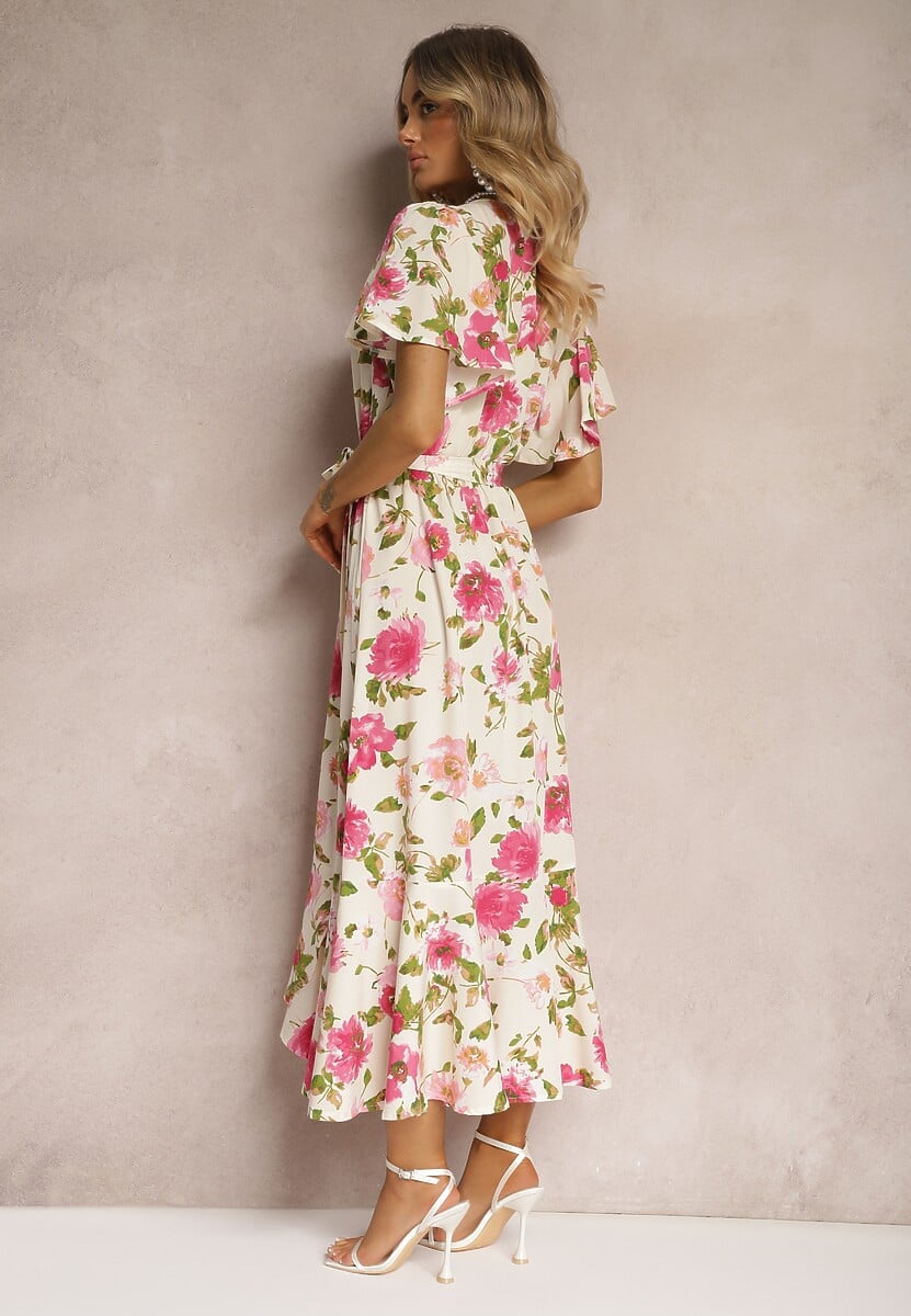 Beżowo-Różowa Kopertowa Rozkloszowana Sukienka z Falbaną i Gumką w Pasie Przewiązana Paskiem Iratia