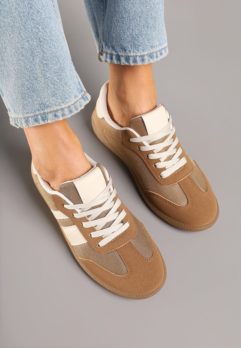 Ciemnobeżowe Sneakersy w Stylu Tenisówek Ozdobione Paskami Jenaniela