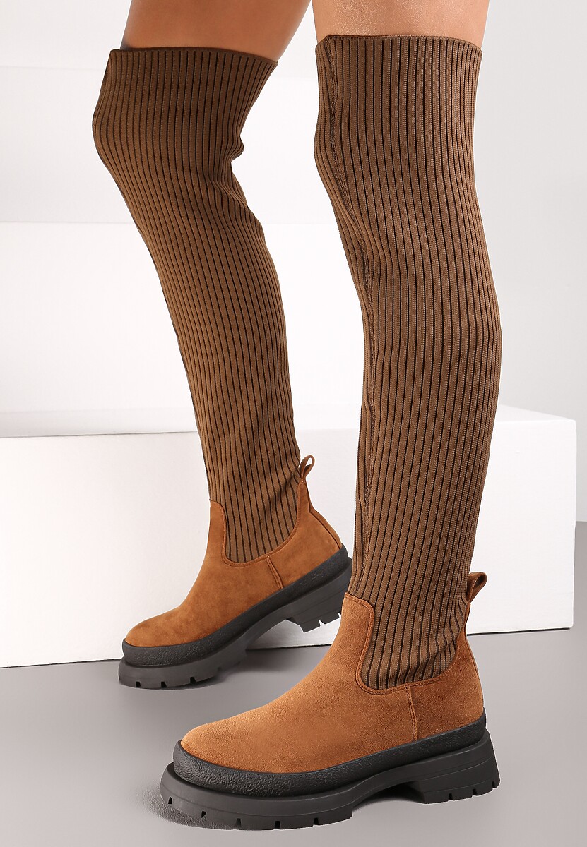 Brązowe Kozaki za Kolano z Elastyczną Cholewką Uruau