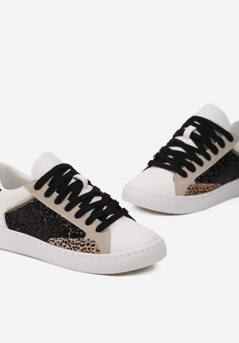 Biało-Czarne Sneakersy na Płaskiej Podeszwie z Ozdobnymi Wstawkami i Brokatem Jivina
